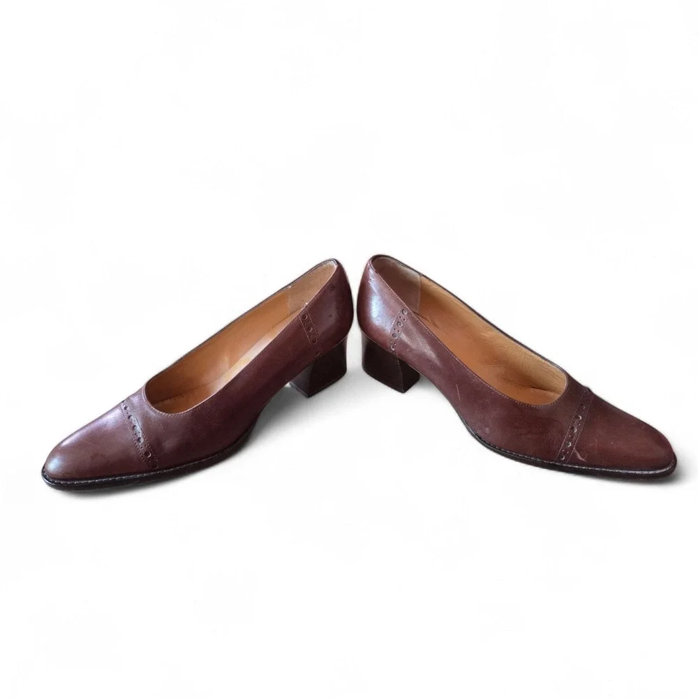 Ann Taylor Brown Leather Pumps 7M Made in Italy Classic Block Heel Career  Shoes